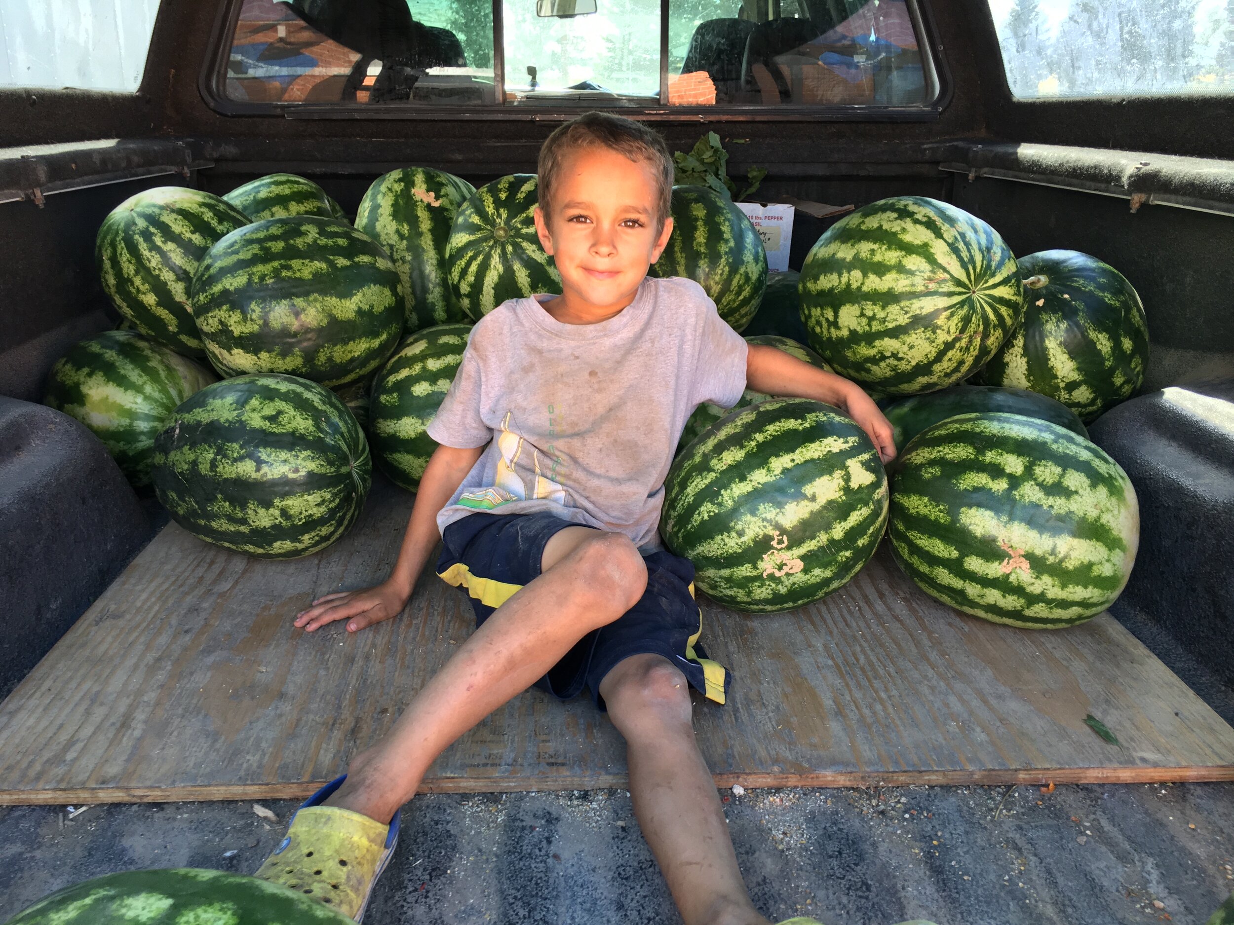 IMG_0947 A young boy sitting in the back of a pickup truck surrounded by freshly harvested watermelons, showcasing a summer farming scene.